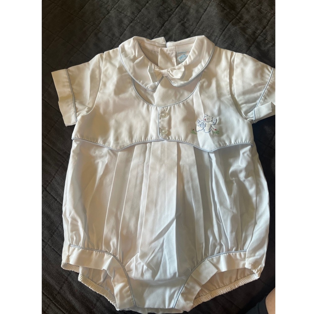 Petit Ami Baby Boy White Blue Piping Embroidered Bear Bubble Romper 3M 2565
